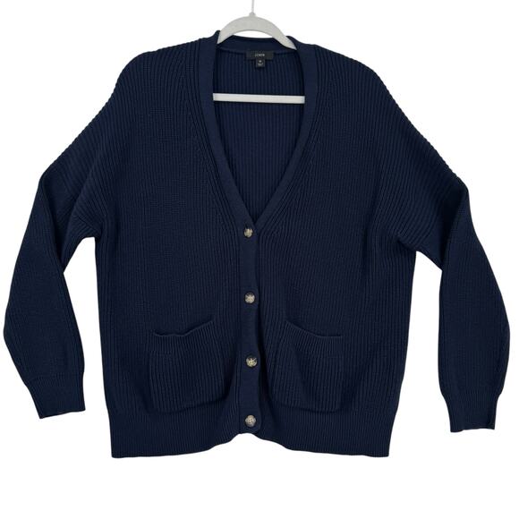 J. CREW Mens Cardigan Sweater M Navy V Neck Buisness Prep Preppy Shaker Stitch - Picture 1 of 9